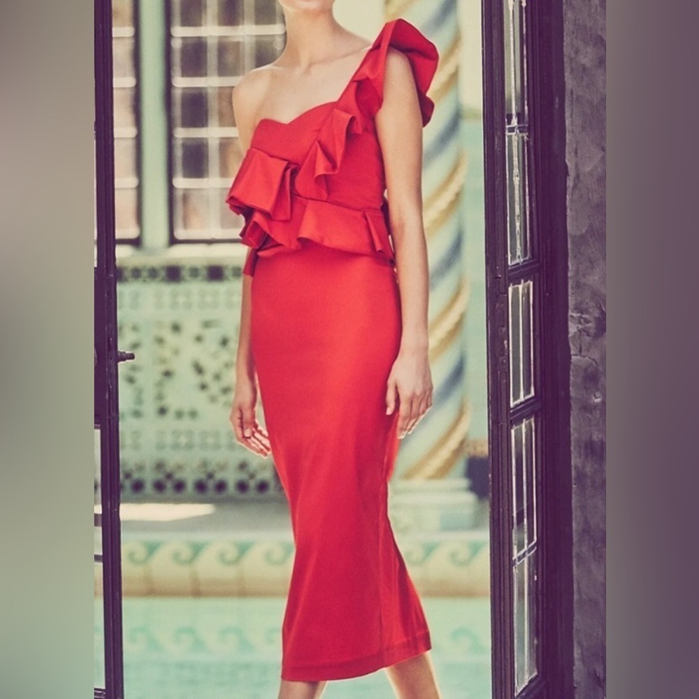 Red Orange Mestiza NY Ruffle Midi Dress Size 8